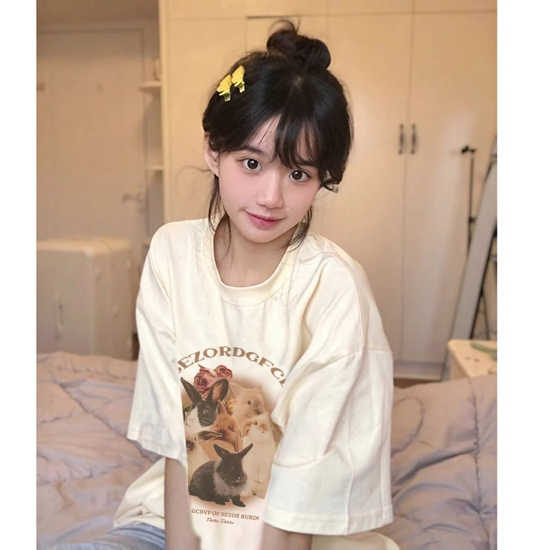 學院風卡通兔子印花短袖T恤女
