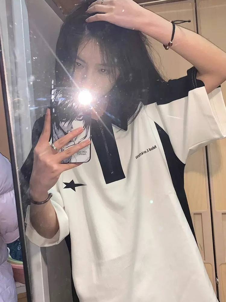 純棉250克珠地polo領T恤女短袖夏寬鬆拉鏈上衣潮牌中長款