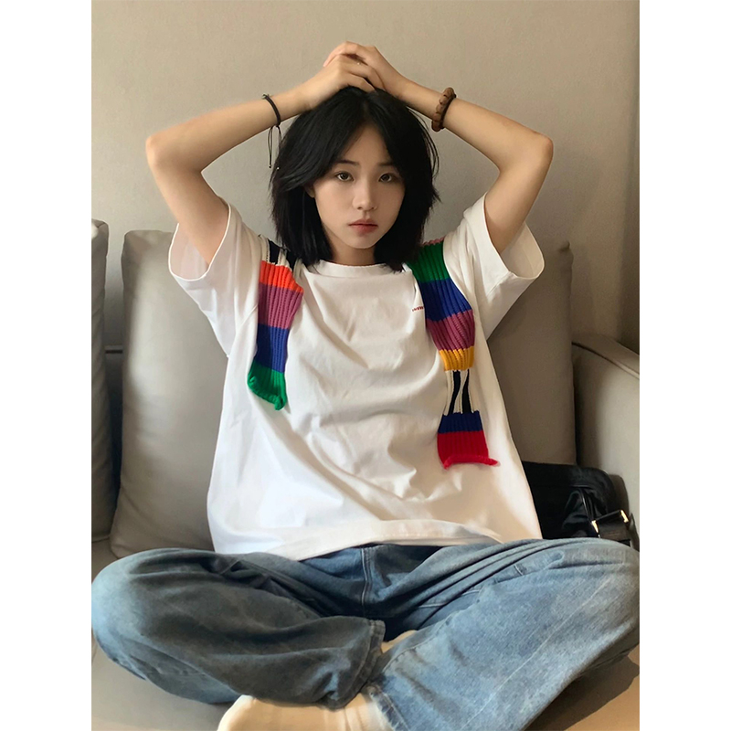 200克純棉拼接小眾趣味設計感圓領潮寬鬆短袖T恤女