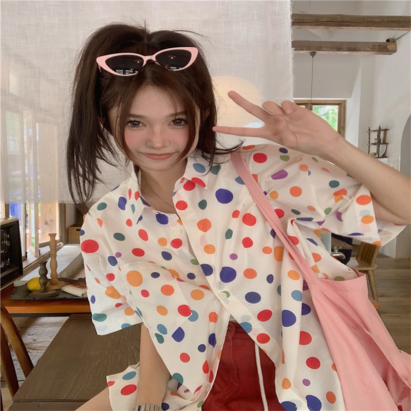 彩色波點襯衫外套女夏季新款寬鬆休閒襯衣短袖顯瘦上衣