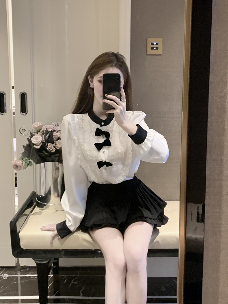 實拍 宮廷風襯衫女裝設計感重工釘珠蝴蝶結寬鬆長袖雪紡衫上衣
