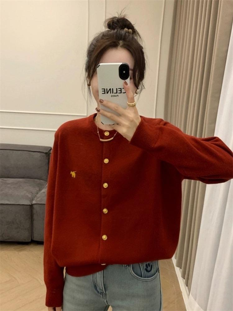 小香風紅色毛衣外套女秋冬新款高級感超好看針織開衫上衣