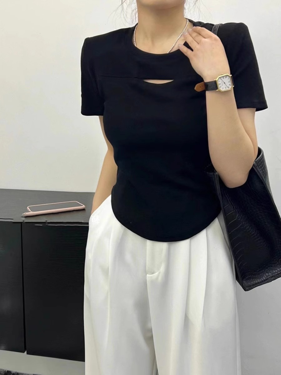 2024夏季新款純色鏤空正肩短袖t恤女不規則設計感小眾短款上衣