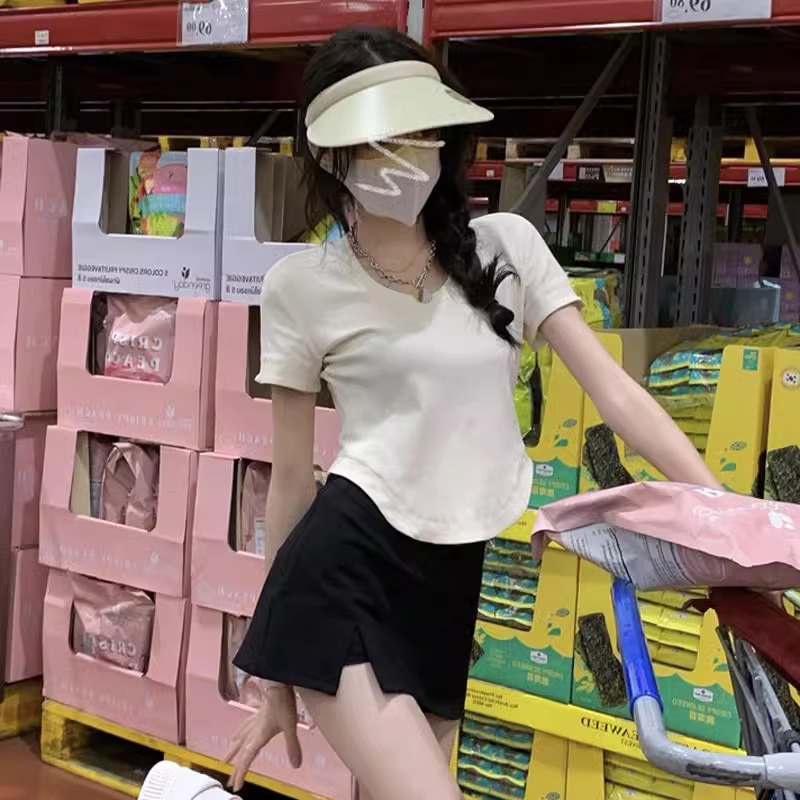 2024韓國ins純棉辣妹上衣夏季設計感小眾弧形下擺短款純欲短袖T恤