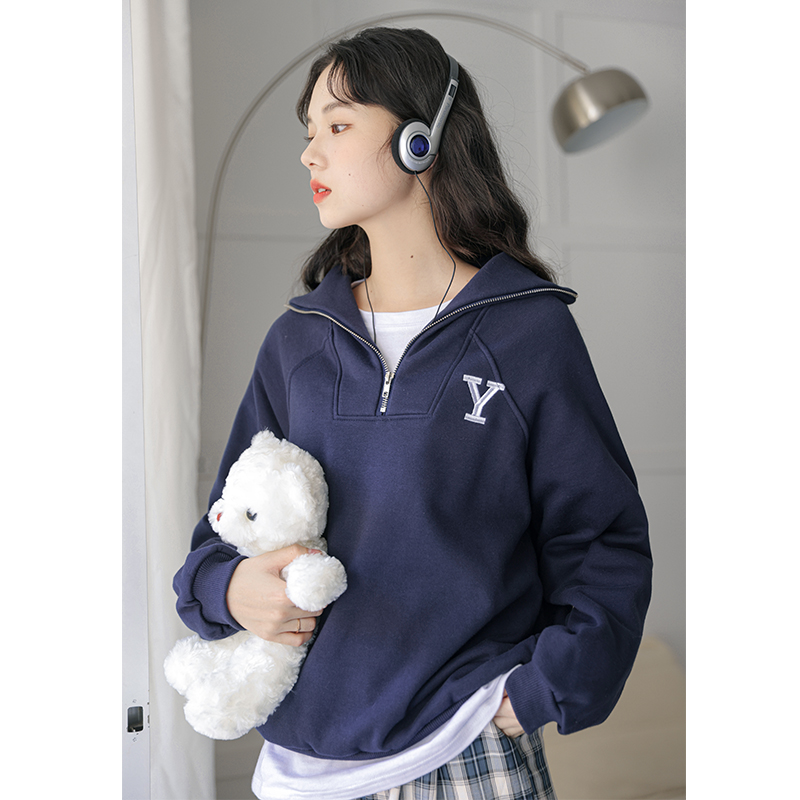 實拍2024春季polo領衛衣女美式復古潮牌ins寬鬆刺繡高領上衣