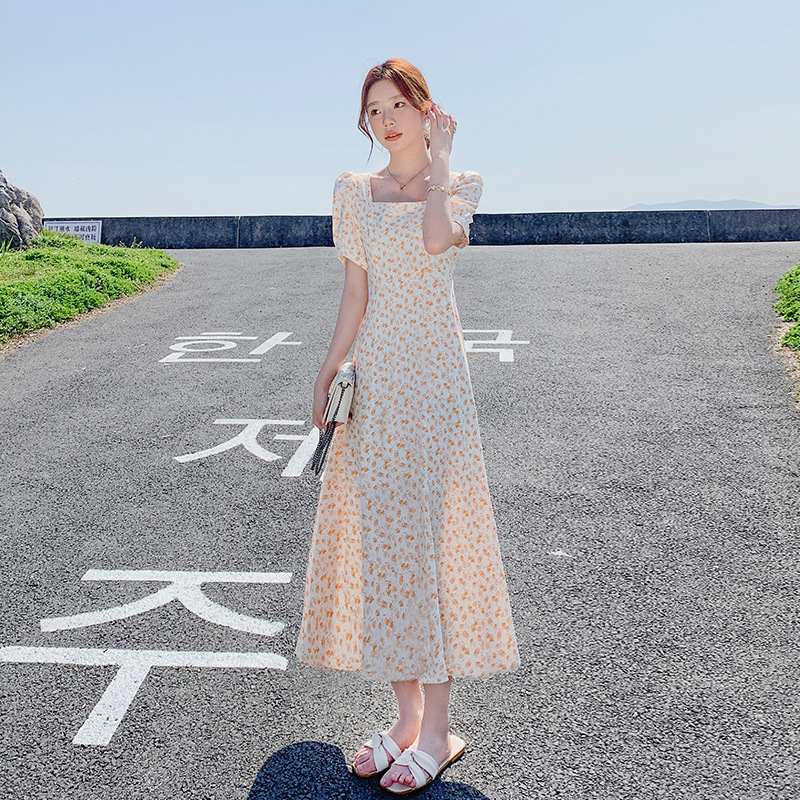Pastoral style orange floral dress women's summer plus size fat mm waist slimming puff sleeve short sleeve long skirt new style