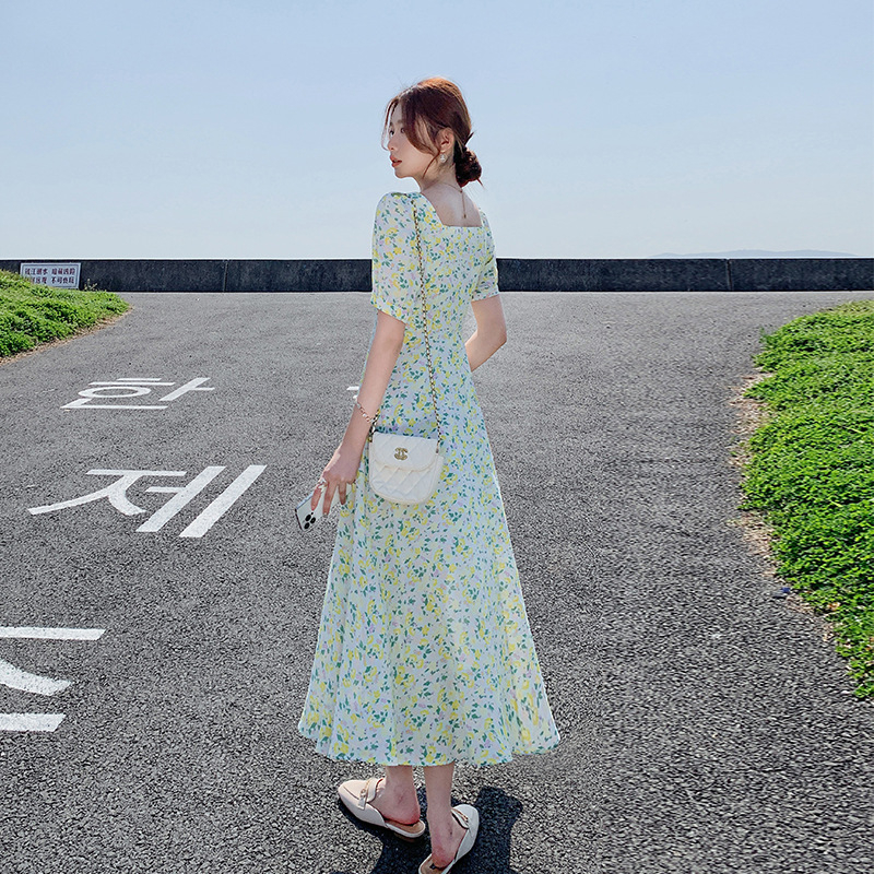 Small floral chiffon dress for women summer 2024 new French belly-covering slimming A-line over-the-knee skirt fairy