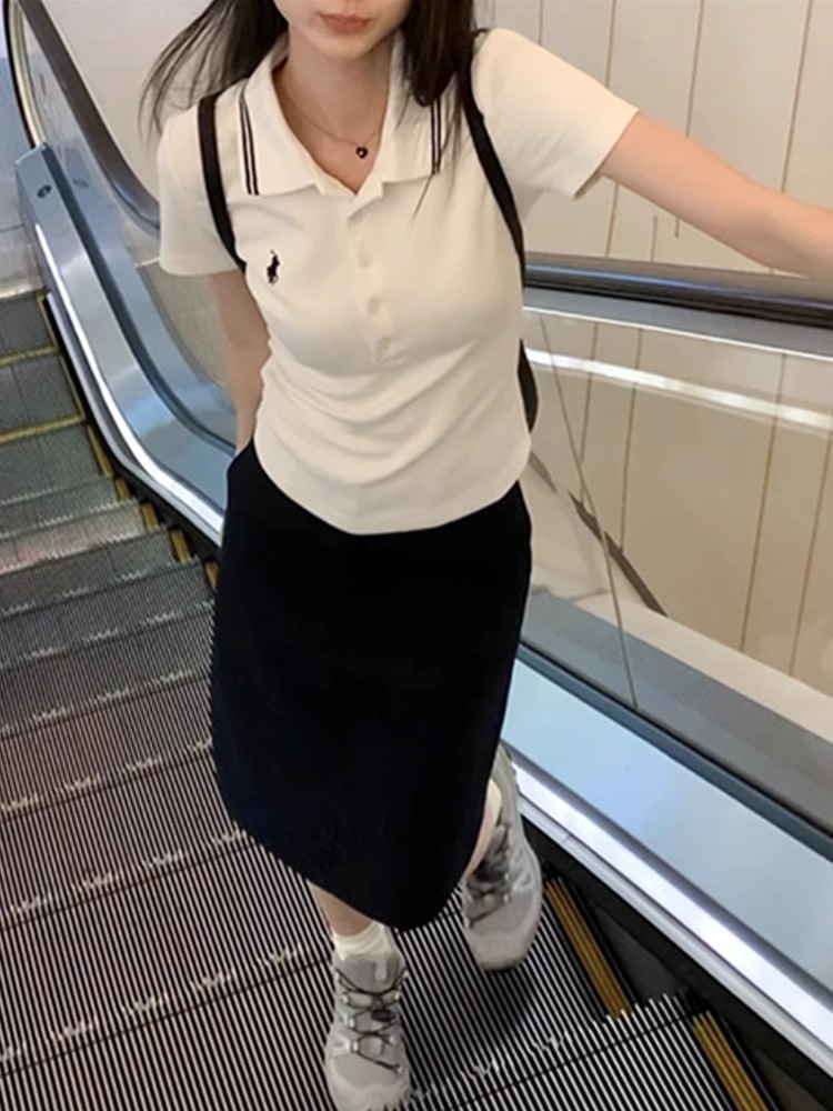 春夏韓版修身氣質polo領刺繡設計感純棉短袖T恤女上衣