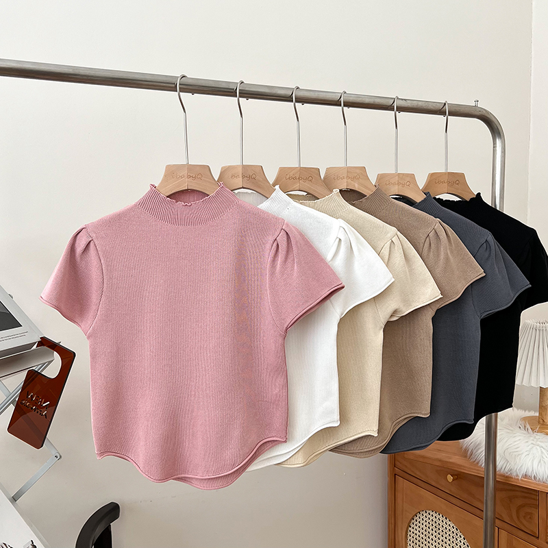 Fashionable and versatile half-high collar irregular slim fit short pullover short-sleeved sweater bottoming shirt T-shirt top