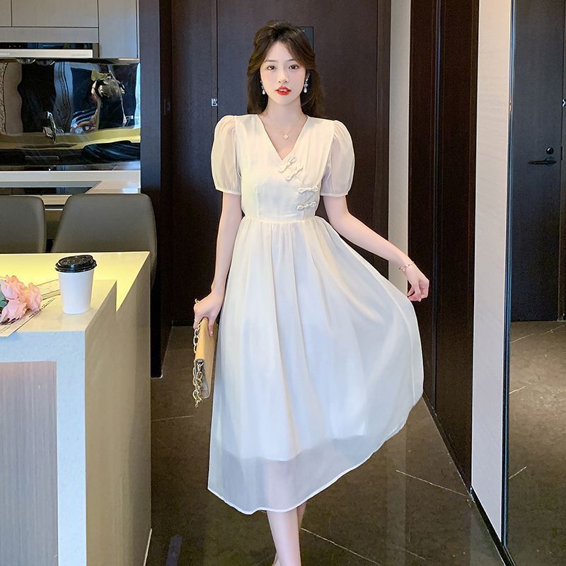 新中式女裝大碼胖mm收腰改良漢服旗袍連衣裙小個子綠色裙子女夏季