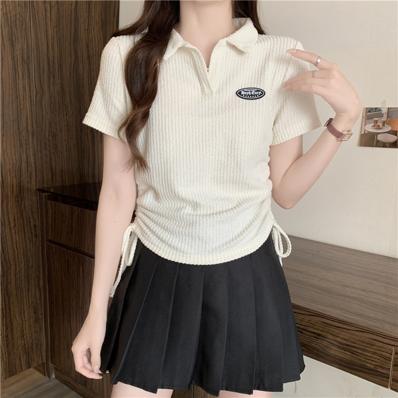 美式辣妹POLO領拉鏈褶皺短款短袖T恤女2024年夏季新款綁帶上衣ins