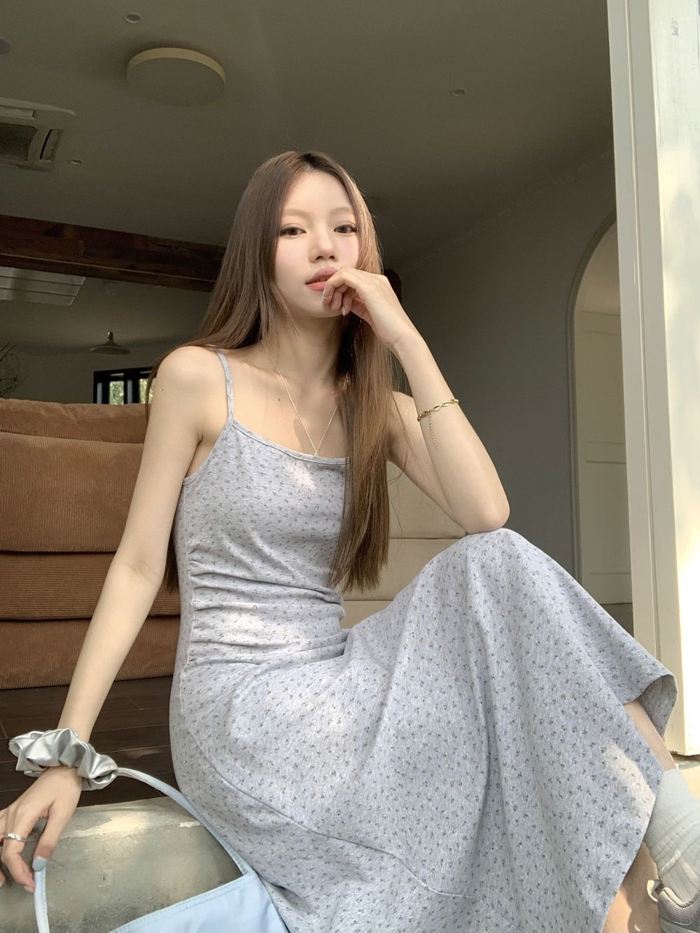 實拍三標齊法式碎花長款百搭修身顯瘦連衣裙女