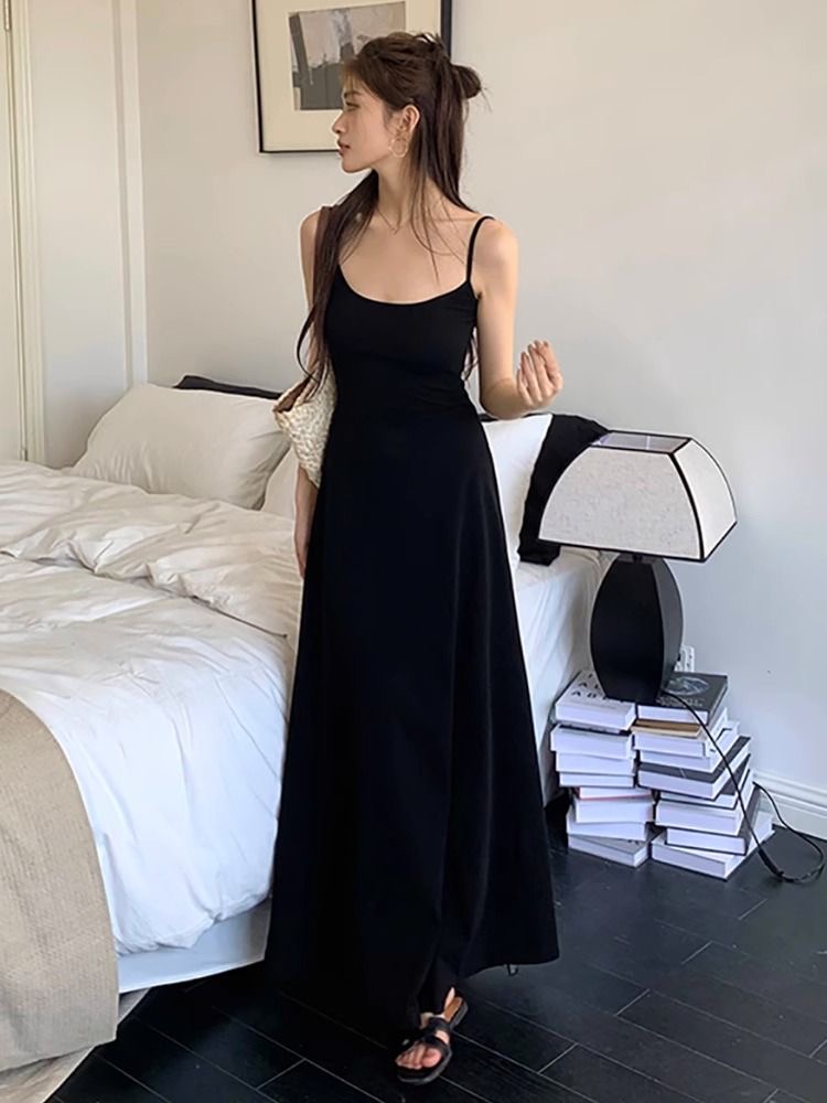 法式氣質顯瘦收腰修身連衣裙女2024夏季吊帶新款黑色長裙裙子
