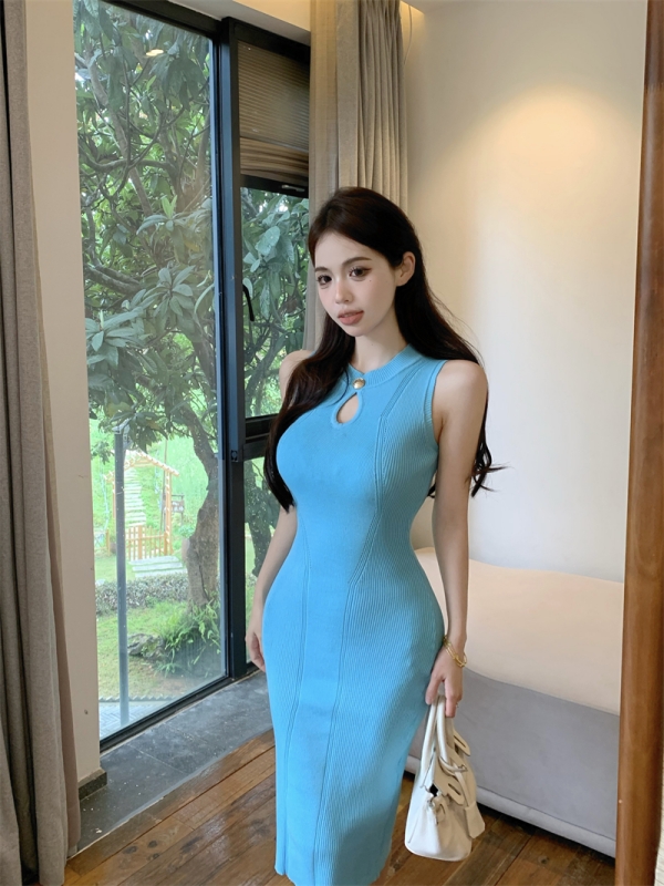 實拍 純欲高級感冰絲無袖修身顯瘦針織中長款內搭打底連衣裙