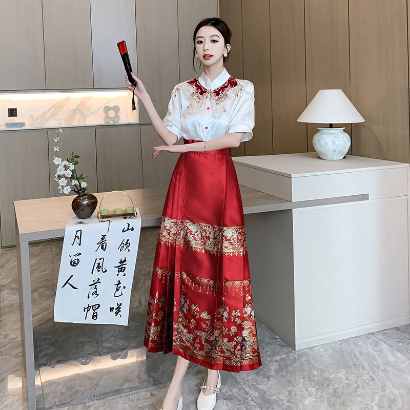 實拍 新中式敬酒服紅色馬面裙訂婚服國風兩件套裝裙2024夏季日常
