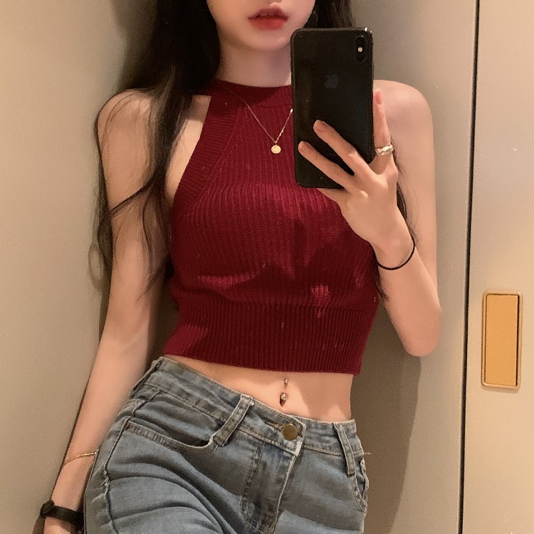 夏季韓系辣妹掛脖針織背心女小眾露肩修身顯瘦短款上衣外穿小吊帶