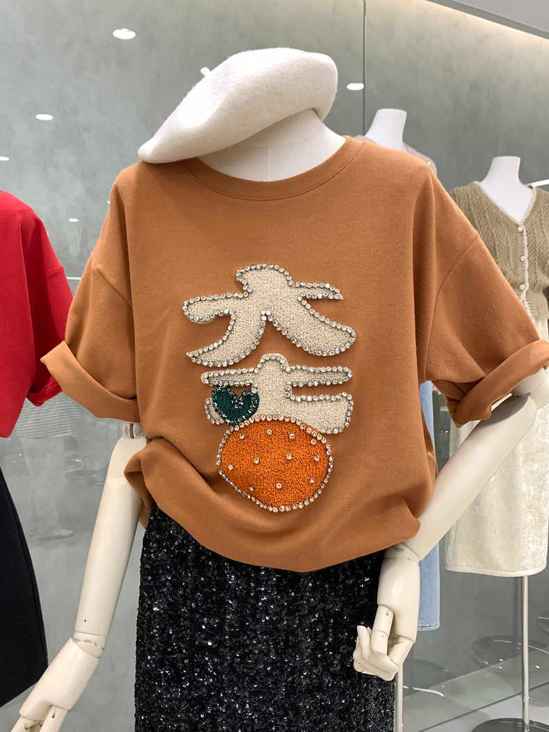 咖色刺繡短袖t恤女春季2024新款設計感小眾寬鬆百搭純棉正肩上衣
