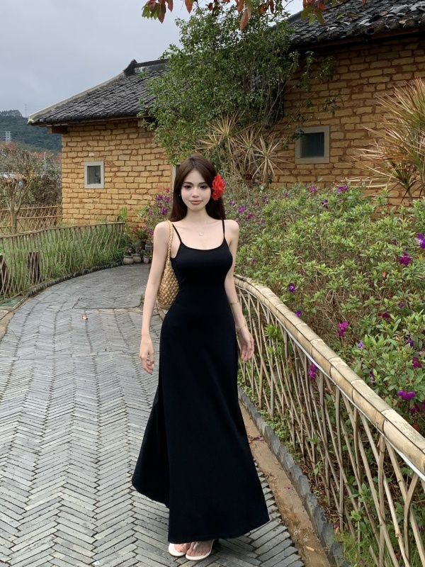 實拍 夏季新款法式緊身修身顯瘦收腰長裙無袖吊帶連衣裙子女