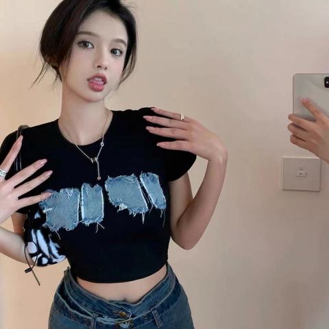 純棉 夏季新款T恤女設計感小眾美式復古短袖休閒短款百搭修身上衣