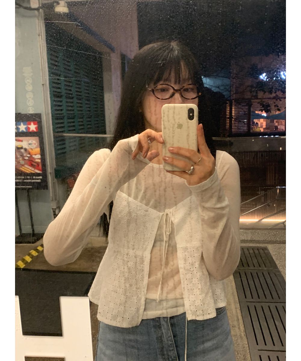 韓國ins早春 設計感 鏤空棉提花 綁帶蕾絲吊帶背心