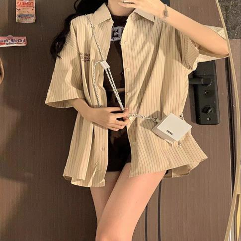 條紋短袖襯衫男女日系潮牌復古刺繡寬鬆休閒百搭工裝襯衣夏季