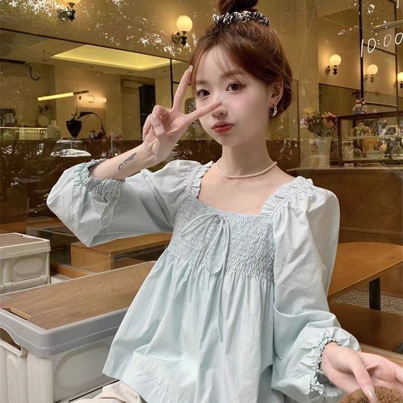 Fungus square collar lace-up pleated shirt for women spring French sweet babydoll loose short puff sleeve top
