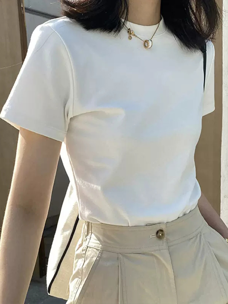 白色純棉短袖正肩女t恤半高領打底修身上衣中領內搭半袖2024新款