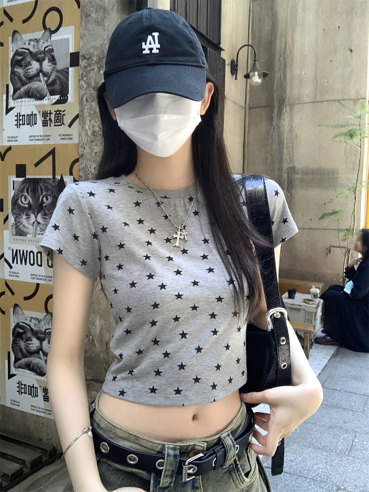 實拍 2024夏灰色星星正肩短款辣妹高級感顯瘦純棉T恤短袖上衣