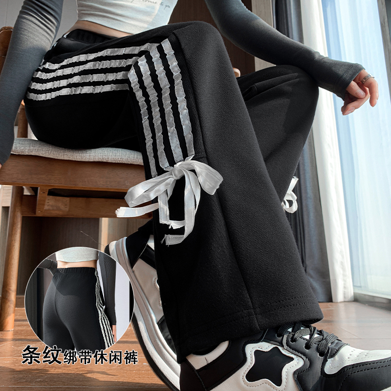 實拍#美式加絨加厚休閒褲女秋冬新款腰直筒褲設計感蝴蝶結