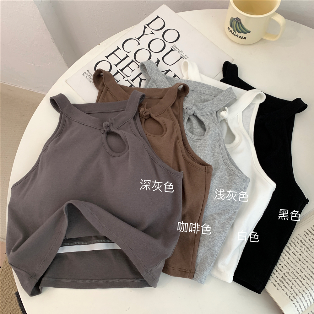 實拍  修身辣妹風中國結短款背心鏤空坎肩美背帶胸墊外穿女夏上衣