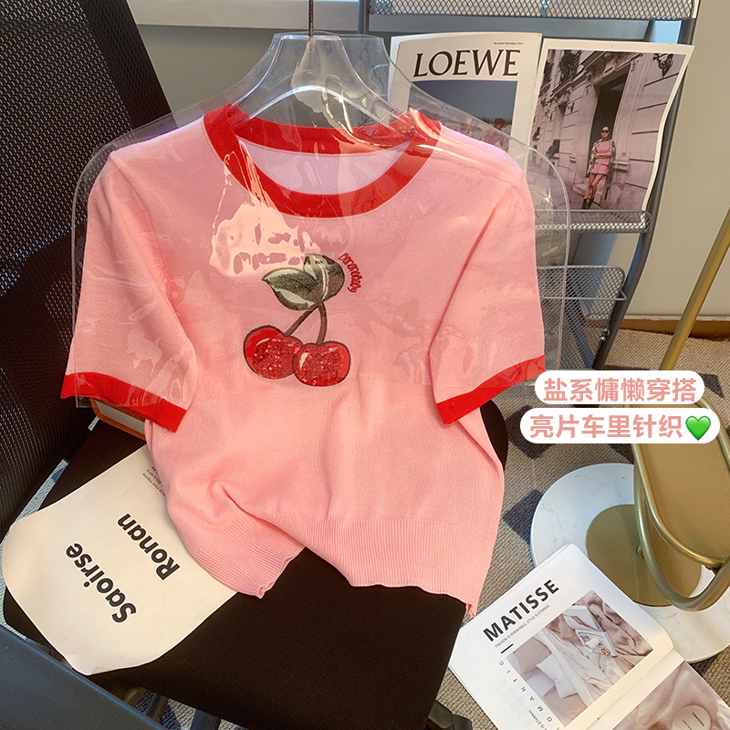 Real shot of short-sleeved ice silk sweater for women in summer thin design niche cherry embroidery short T-shirt top trendy