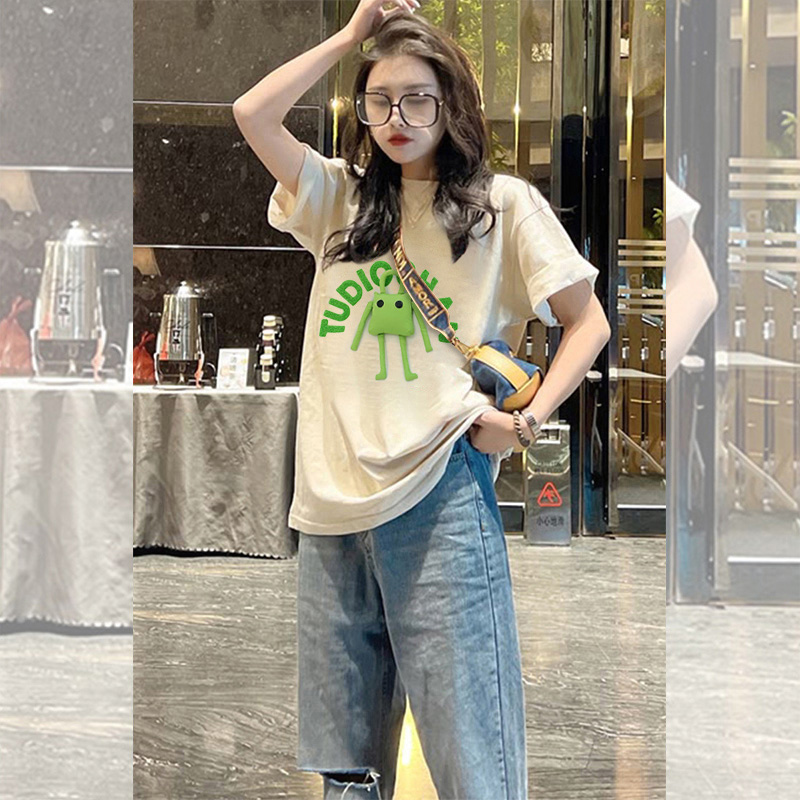 杏色短袖t恤女夏季內搭設計感小眾潮牌卡通寬鬆純棉休閒圓領上衣