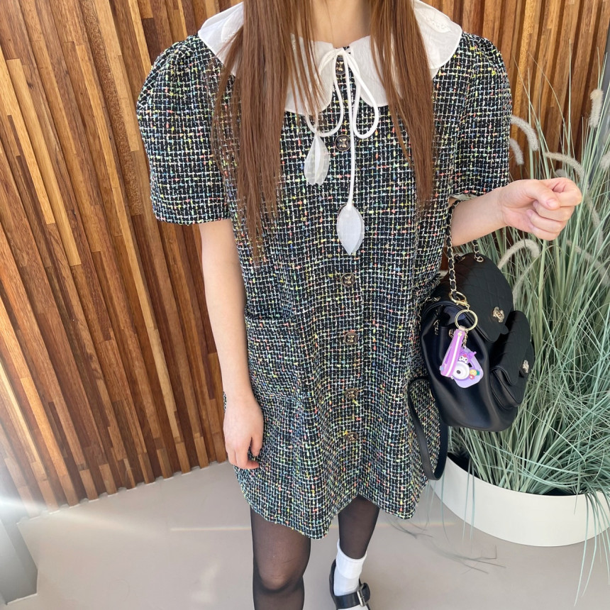 INS韓國東大門！設計感減齡小香風娃娃領粗花呢泡泡袖連衣裙