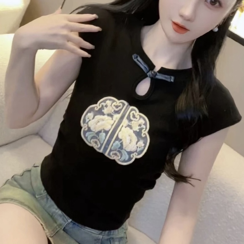 新中式國風刺繡短袖t恤女2024夏季新款復古盤扣別致絕美修身上衣