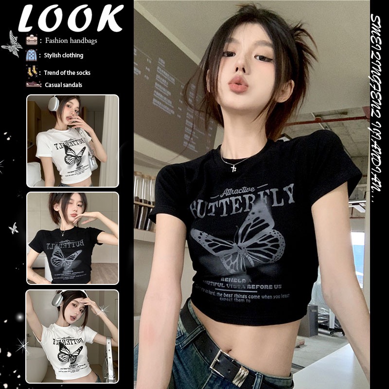 美式復古蝴蝶字母印花短袖T恤女夏季綁帶女