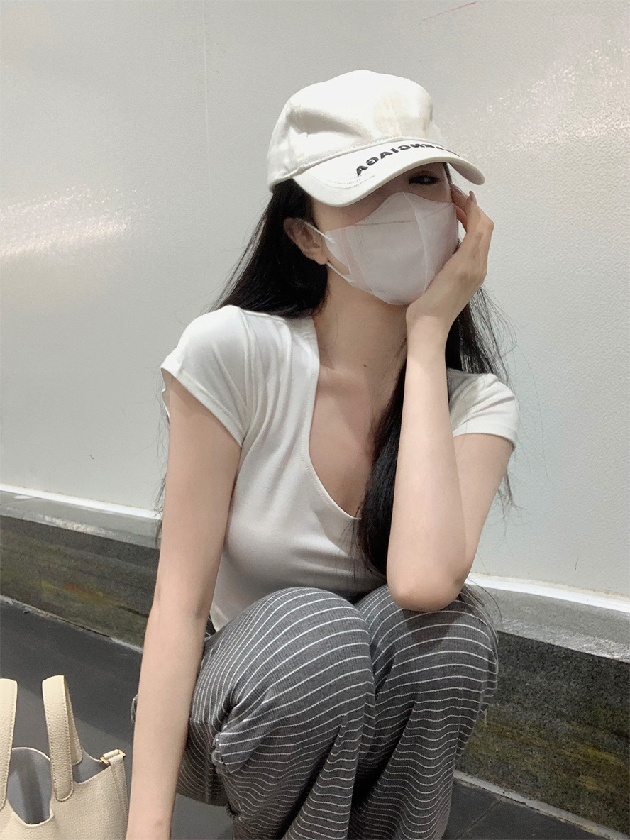 新款u領不規則短袖T恤女夏季純欲風韓版辣妹短款下擺修身顯瘦上衣