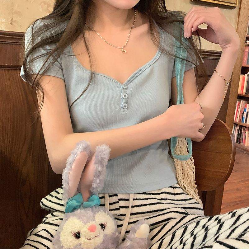 實拍溫柔風正肩短袖t恤女2024夏新款顯瘦設計感開衫短款上衣