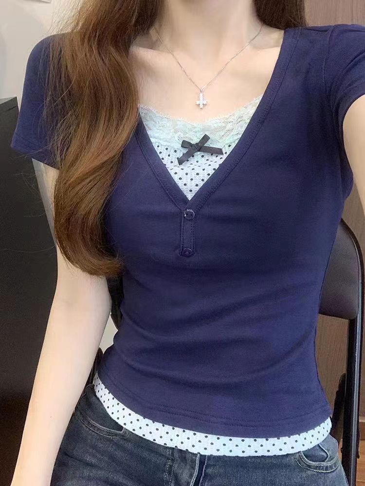 260隨心裁夏季新款辣妹上衣蕾絲邊波點修身短袖潮