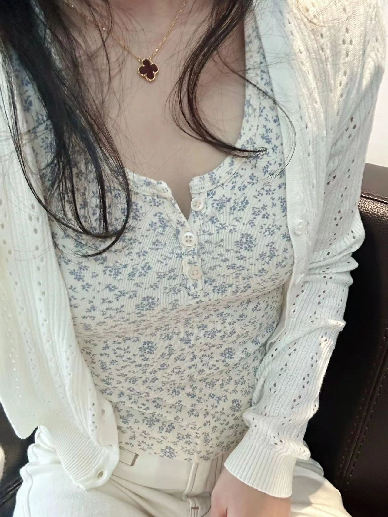 人棉200克印花官方甜辣高腰碎花T恤女短袖修身上衣純欲風