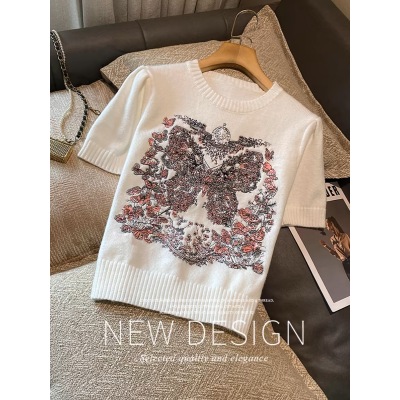 白色毛衣女冬卓家2024春季新款重工刺繡圓領短袖小個子針織衫上衣