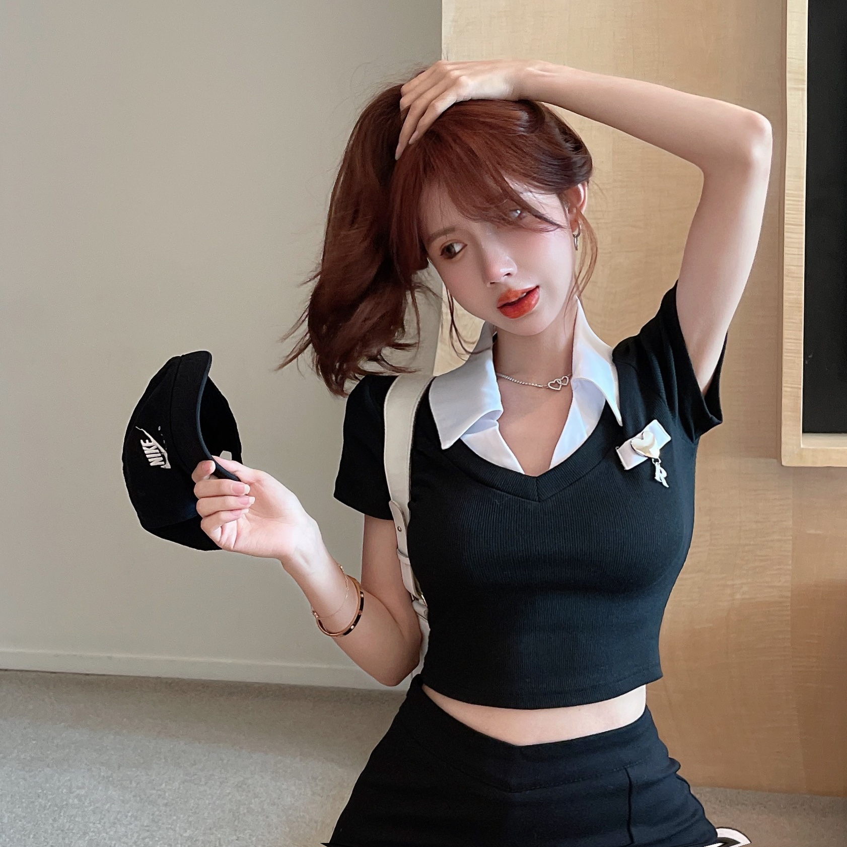撞色翻領短袖T恤女修身顯瘦百搭短上衣ins