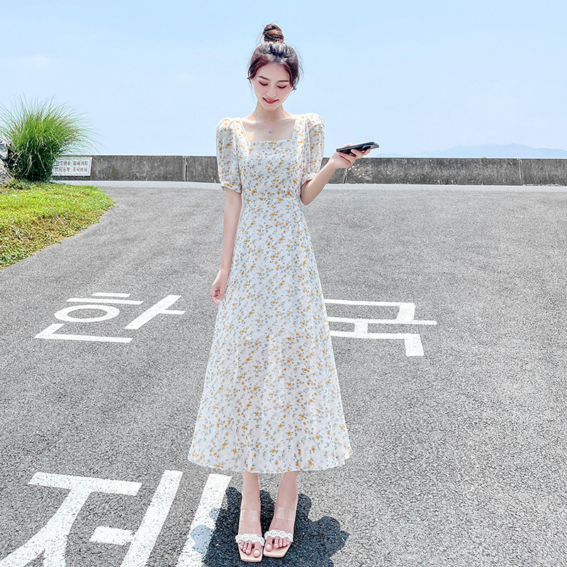 Floral Square Neck Slim Fashion Small Fresh 2024 Puff Sleeve Chiffon Short Sleeve Mid-Length Dress Summer New Style