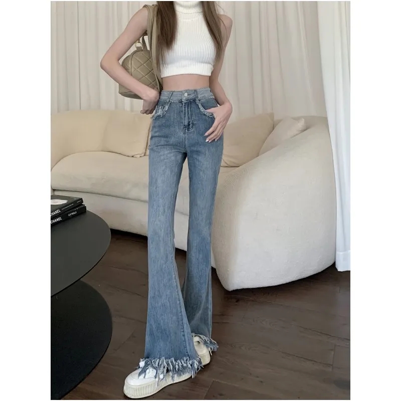 2024 Summer Korean Style Retro Hot Girl Tassel Bootleg Jeans Women's High Waist Slim Stretch Flared Floor-Mopping Pants