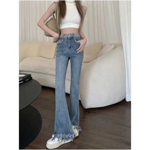 2024 Summer Korean Style Retro Hot Girl Tassel Bootleg Jeans Women's High Waist Slim Stretch Flared Floor-Mopping Pants