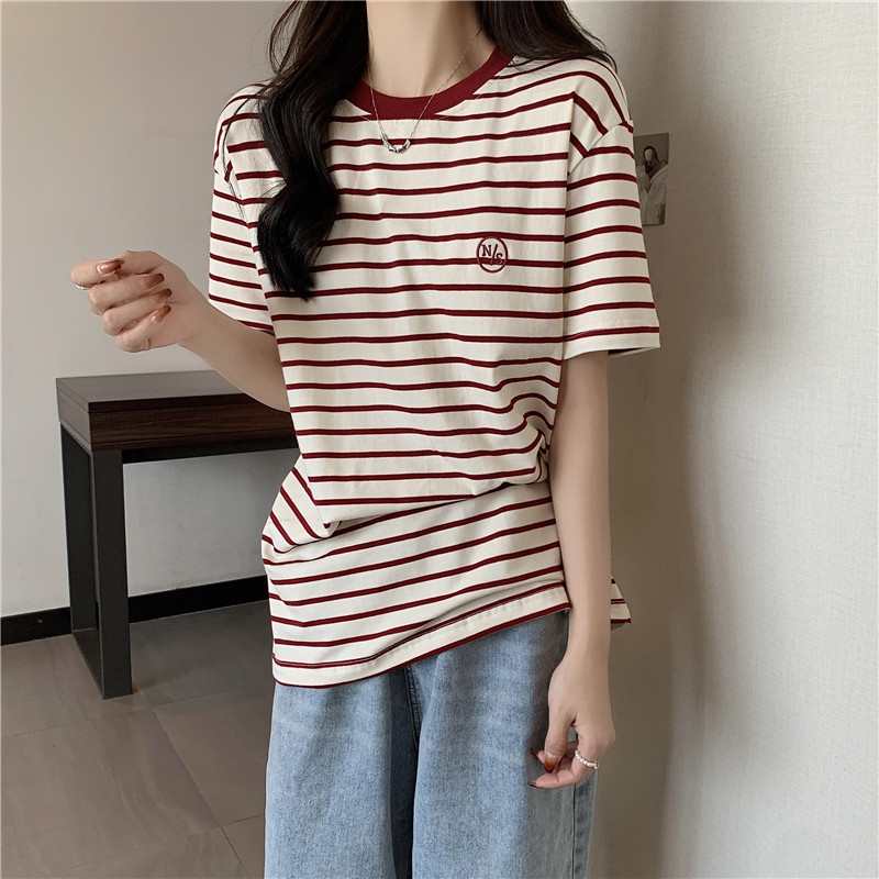 Actual shot of spring and summer Korean style loose and versatile striped round neck pure cotton pullover short-sleeved T-shirt for women