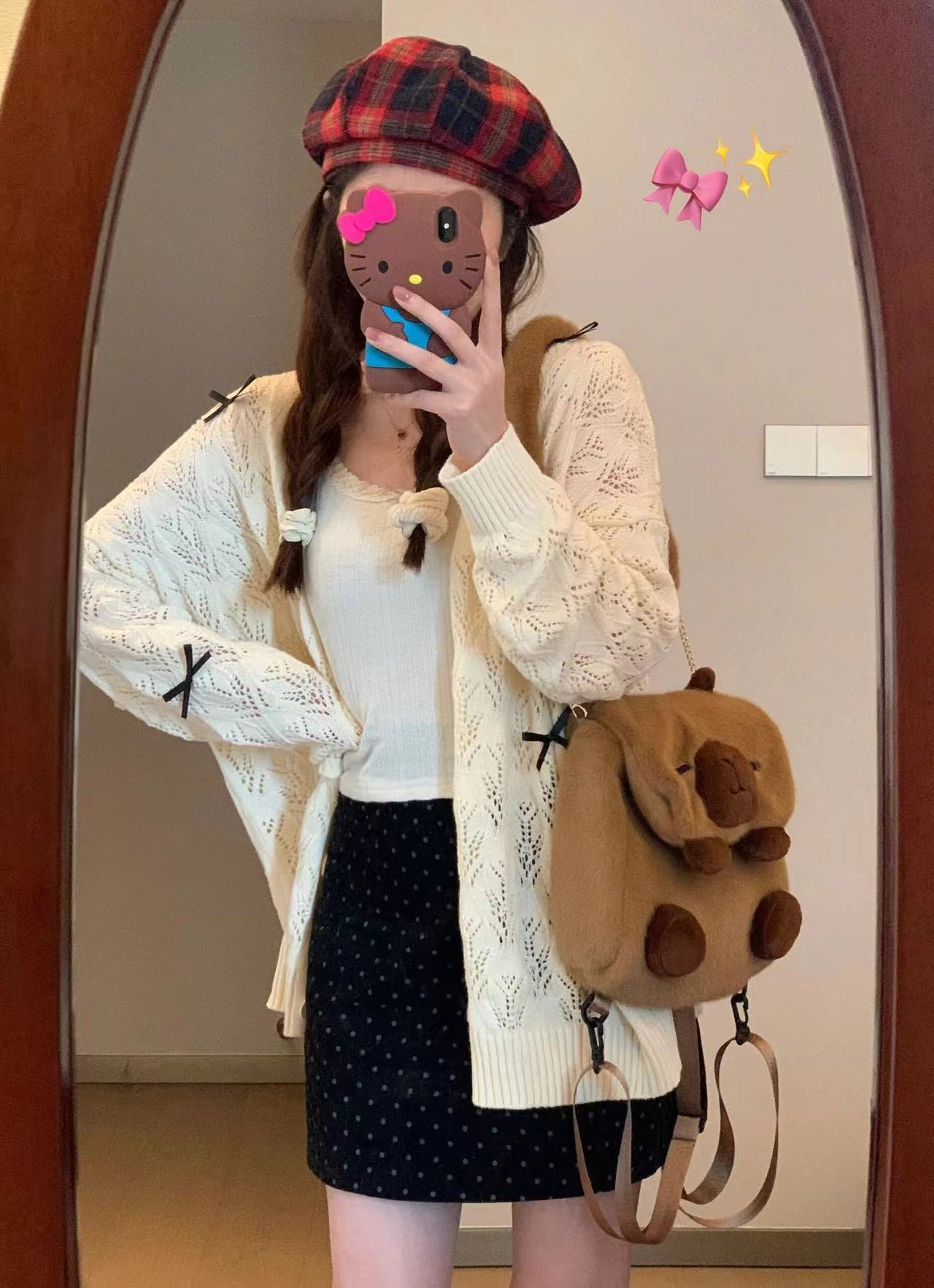 學院風長袖毛衣女春季百搭顯瘦上衣設計感蝴蝶結鏤空針織開衫外套