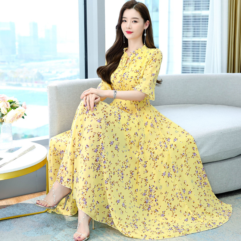 跨境歐美系帶雪紡連衣裙喇叭袖收腰顯瘦女夏時尚新款沙灘裙