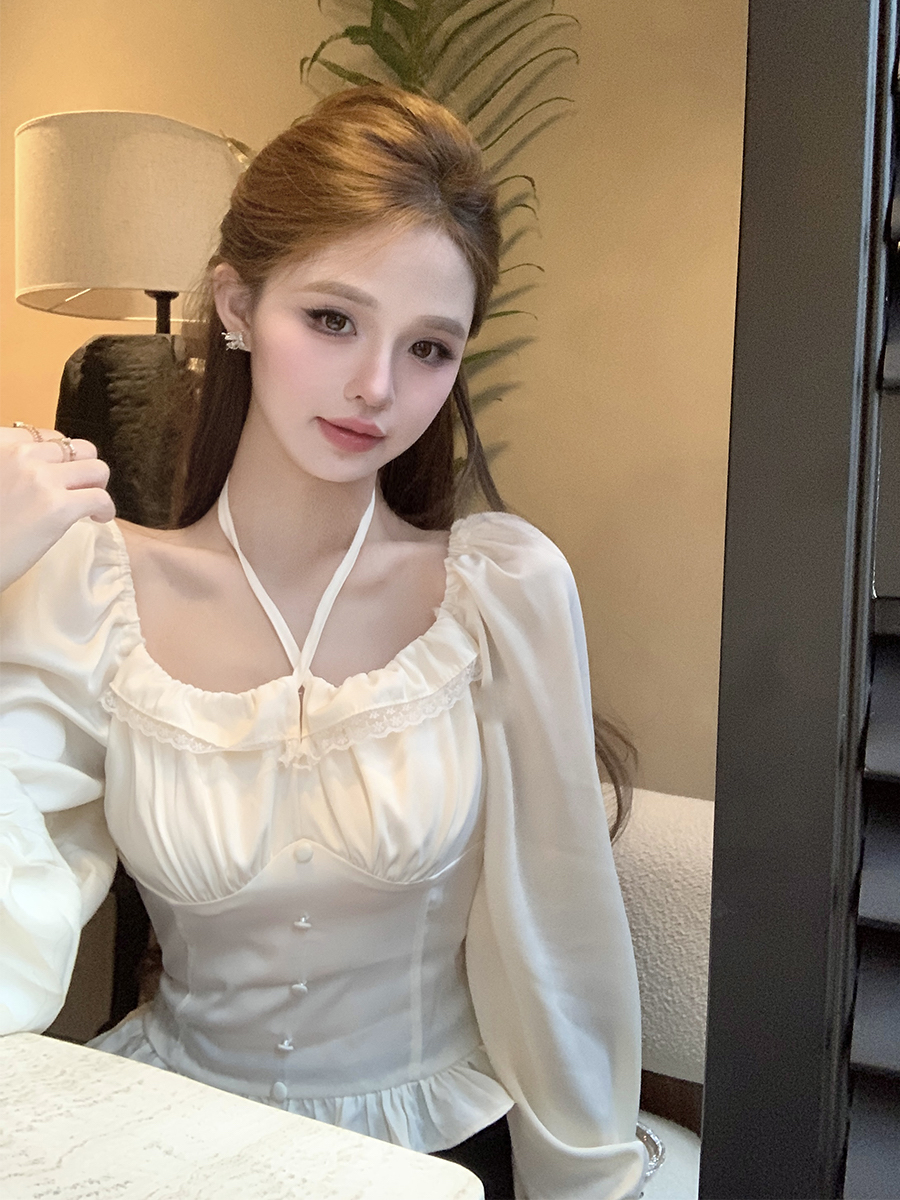實拍 方領泡泡袖木耳邊系帶收腰短款襯衫女春季韓系甜美溫柔上衣