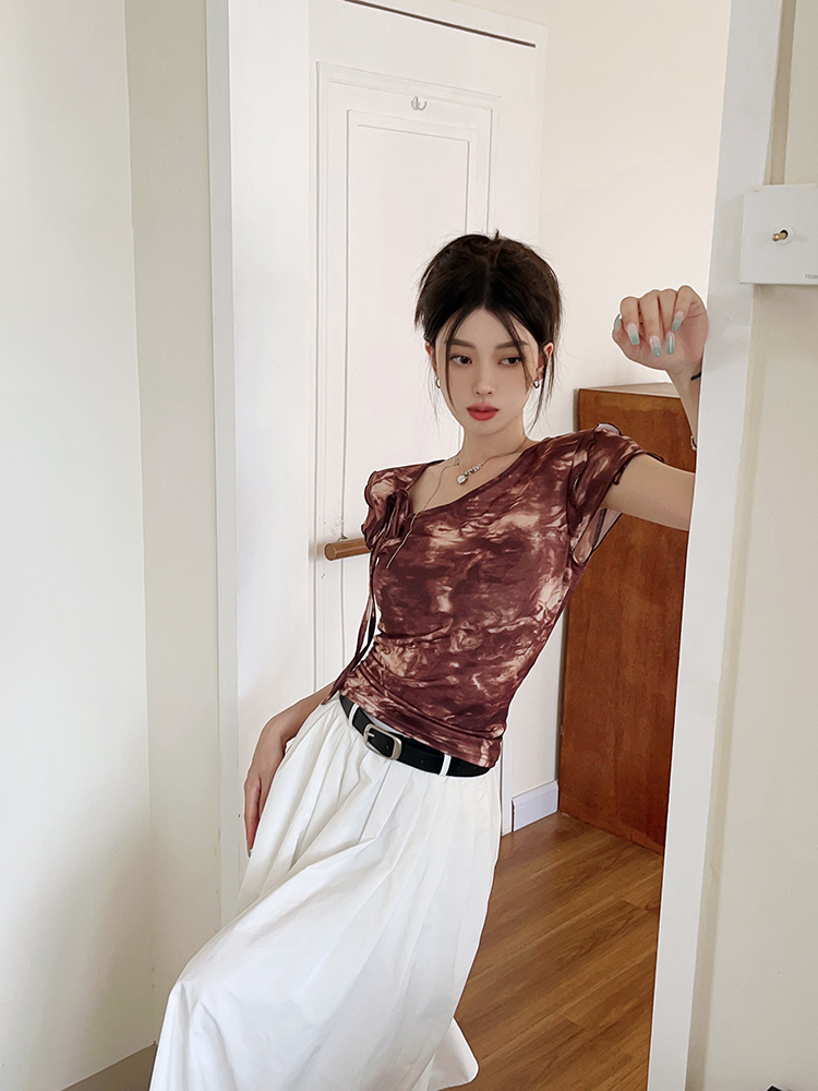 實拍古着感暈染印花不規則領口上衣系帶復古小眾辣妹短袖T恤