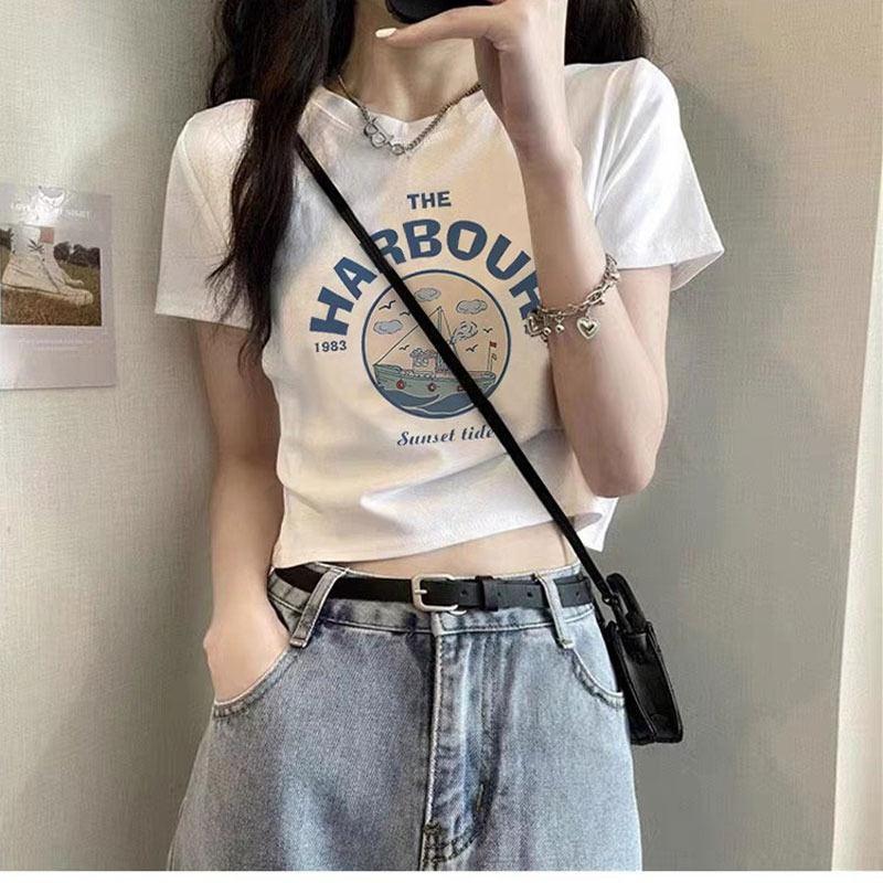 設計感卡通印花純棉短袖露肚臍T恤女夏季韓版短款上衣